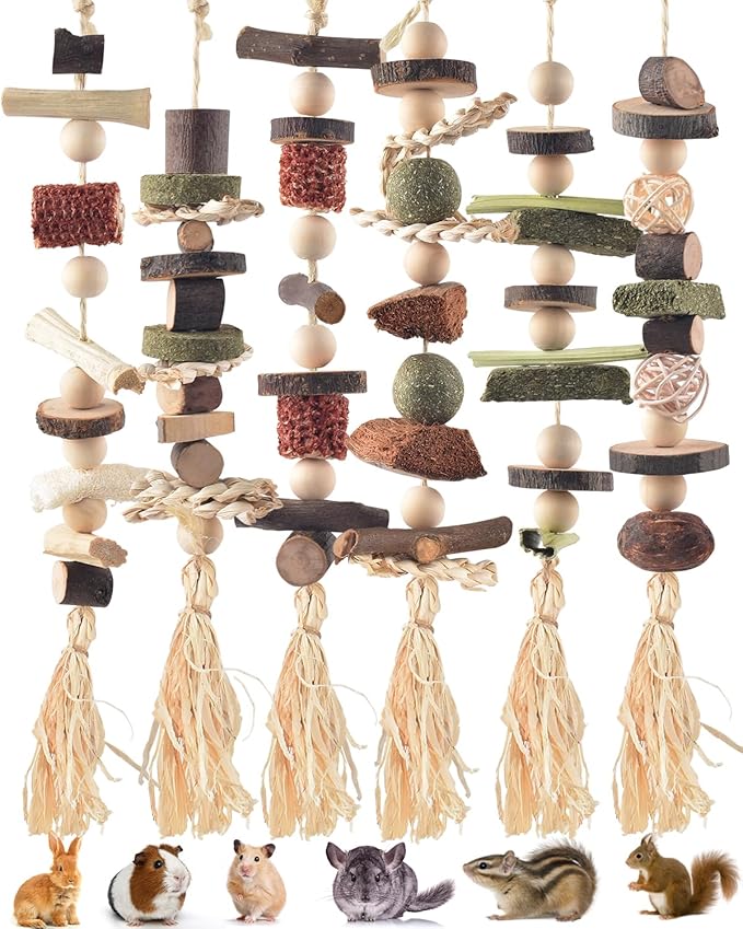 6PCS Bunny Chew Toys, Hamster Rabbit Cage Hanging Chew Toys, Natural Apple Wood Bunnies Treats, Improve Small Animal Teeth Health for Guinea Pig Chinchilla Ferret Rats Gerbil-PawvioPets