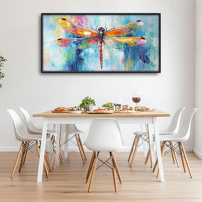 Extra Large Abstract Dragonfly Framed Wall Art for Living Room,Oversized Colorful Dragonfly Pictures Wall Decor,Teal Canvas Print Painting Modern Artwork Bedroom Office Bathroom 60L" x 30W"-PawvioPets