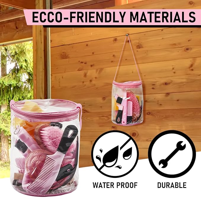 9 Pieces Horse Grooming Kit Tack Room Supplies Set with Organizer Tote Bag, Oval Massage Curry, Hard and Soft Brush, Hoof Pick, Sweat Scraper, Bathing Sponge, Combs for Horse Riders Beginners (Pink)-PawvioPets