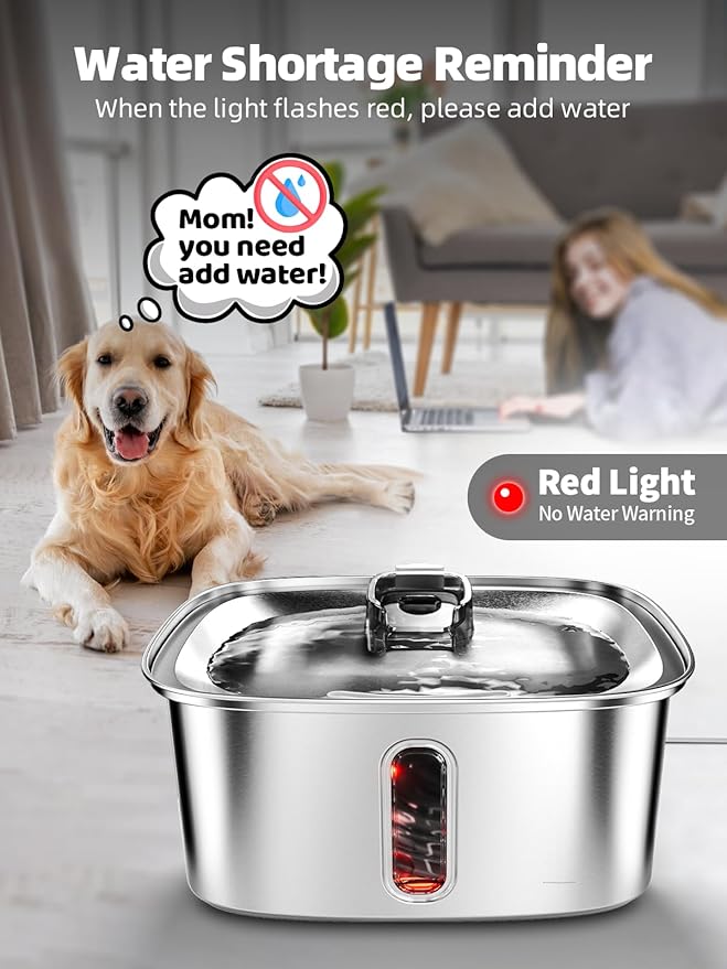 Dog Water Fountain for Large Dogs, 9L/2.4Gal Stainless Steel Dog Fountain with Water Level Window & Filtration, Automatic Pet Water Bowl Dispenser Indoor, Super Quiet (with 6 Filters)-PawvioPets