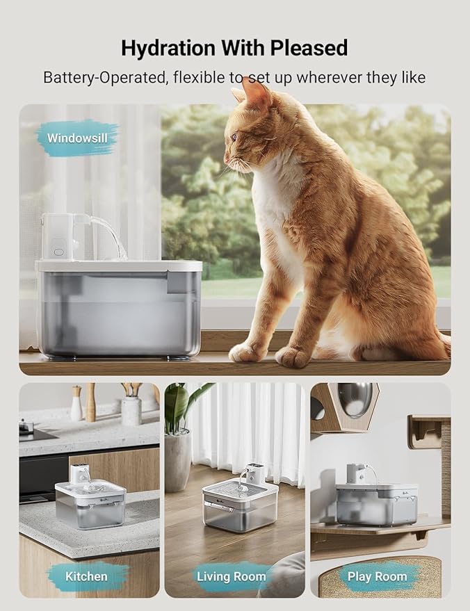 DownyPaws Battery Operated Cat Water Fountain, 84oz/2.5L Fursink Wireless Pet Water Fountain for Cats Inside, Automatic Dog Water Dispenser with Motion Sensor, Ultra Quiet Pump, BPA-Free, White-PawvioPets