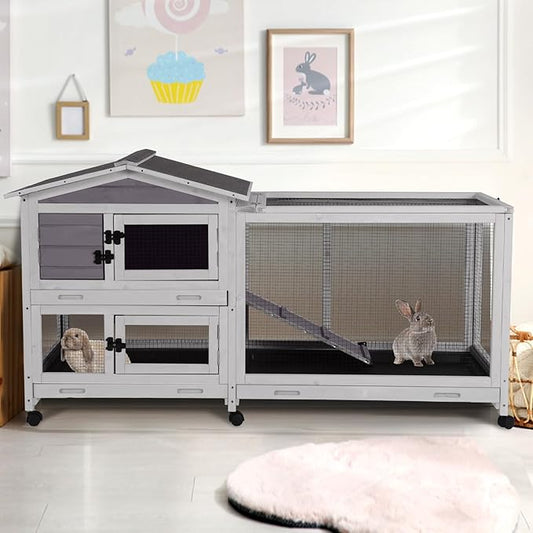 2-Story Indoor Rabbit Hutch with Chew-Proof Outdoor Rabbit Cage with 6 Locking Casters Bunny Cage 2 Pull-Out Trays Guinea Pigs Cage 62"-PawvioPets