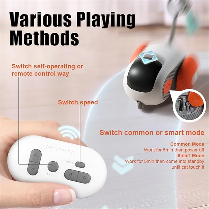 1pc Interactive Automatic Remote Control Cat Mice Car Toy and 1pc Smart Electric Moving Speedy Cat Ball Toy with Feather Tail, Suitable for Dogs, Keep Busy, Stimulating, Rechargeable (orange)-PawvioPets