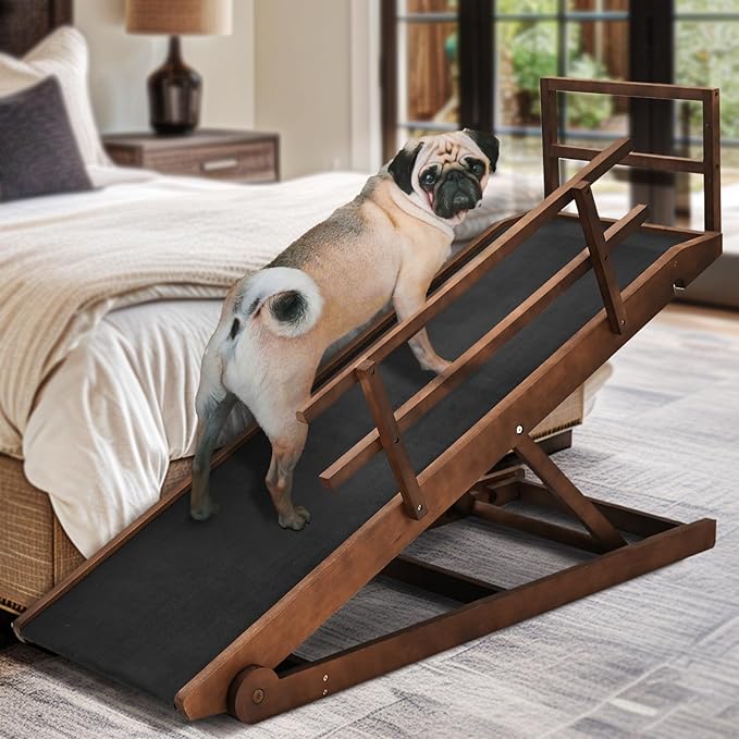 Dog Ramp for Bed, Adjustable Pet Ramps for Dog to Get on Bed, Non-Slip Rubber Surface - Folding Wooden Dog Ramp for Small/Large/Old Dogs, Adjustable up to 23.5 inch High Beds, Safety Railings-PawvioPets