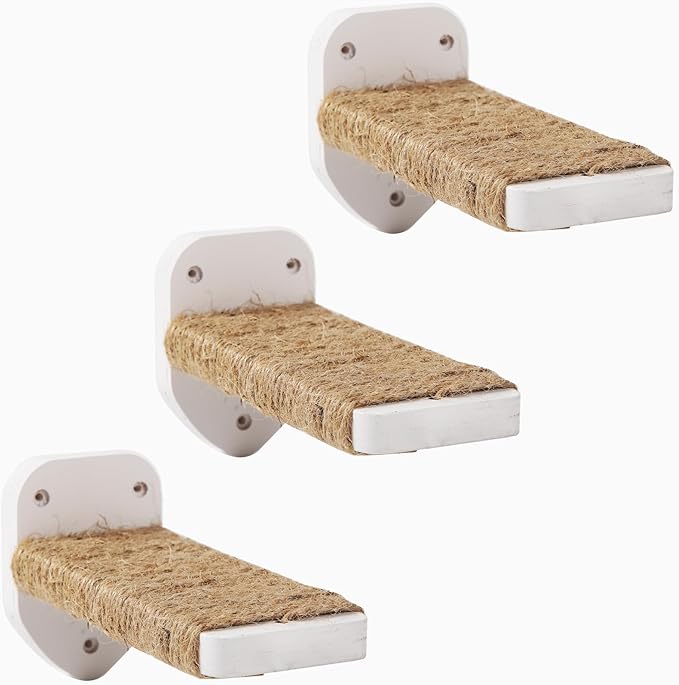 3-in-1 Cat Climbing Wall Steps with Hemp Rope, Shelves and Perches - Wall-Mounted Cat Furniture Set with Scratching Pads (White)-PawvioPets