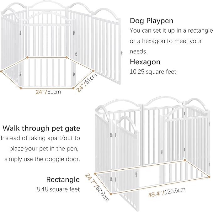 BHG Metal No-Assembly Freestanding Dog Gate with Door Walk Through, Extra Wide 144", Extra Tall 32" Pet Gate, Accordion Puppy Folding Playpen Dog Fence for Indoor & Outdoor, with 2PCS Support - White-PawvioPets