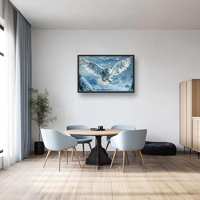 Framed Large Snowy Owl Wall Art for Living Room, Oversized Snowy Mountain Wall Decor Landscape Canvas Painting Modern Artwork Home Decoration for Living Room Bedroom Office 36"x24"-PawvioPets