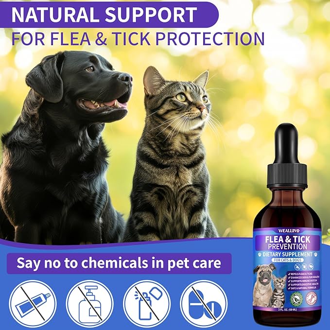 Flea and Tick Prevention Support for Cats and Dogs Natural Flea Treatment Drops with Multivitamin for Pets Oral Natural Supplement Flea and Tick Treatment Drops for All Breeds and Ages-PawvioPets