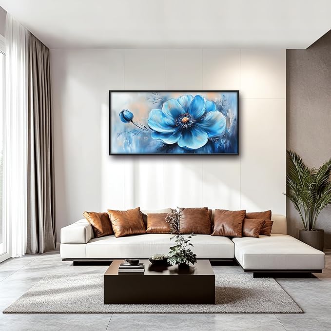 Extra Large Abstract Blue Flower Framed Wall Art for Living Room,Oversized Elegant Floral Pictures Wall Decor,Canvas Print Painting Modern Artwork Bedroom Office Bathroom 60L" x 30W"-PawvioPets