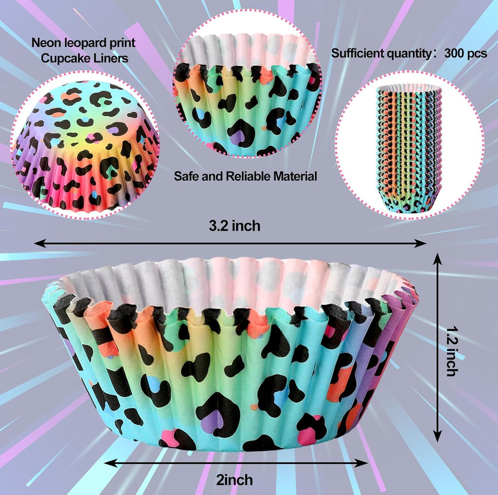 Whaline 300Pcs Leopard Print Cupcake Liner Neon Animal Spot Paper Baking Cup Rainbow Muffin Liner Cake Storage Container For Party DIY Craft, 2 x 1.2 Inch