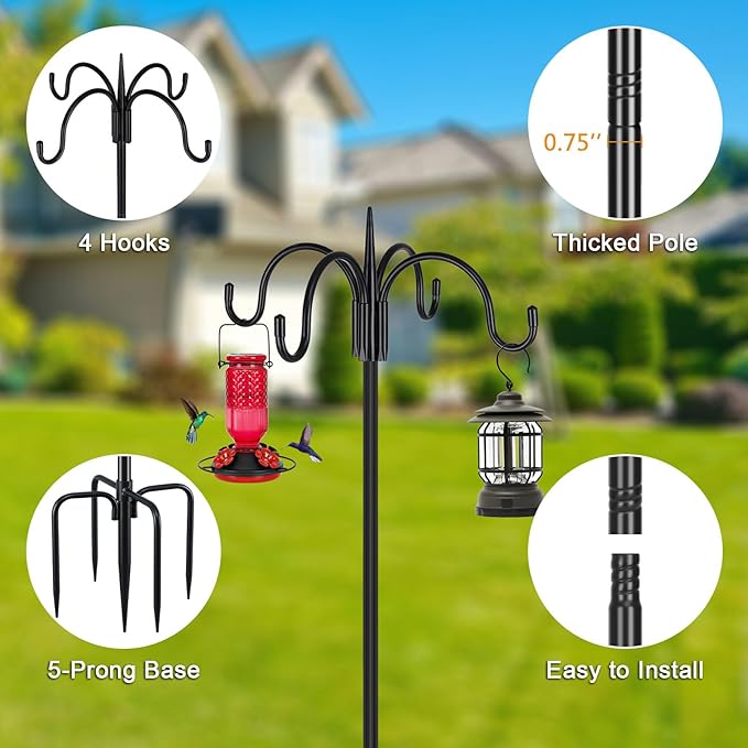 FEED GARDEN 76 Inch Four Shepherd Hooks for Outdoor,Bird Feeder Pole with 5 Prong Base, Adjustable Shepard Hooks for Hanging Plant, Solar Lanterns, Wind Chimes, 2 Pack-PawvioPets