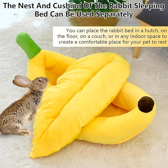 Bunny Bed,Rabbit Bed,Thick&Soft with Removable Mat,Machine Washable Guinea Pig Cushion,Cozy Bunny Plush House,Warm Small Animal Sleeping Beds(Yellow Banana Shape-M)-PawvioPets