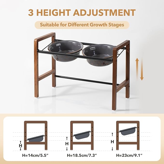 7.1inch Ceramic Adjustable Raised Double Bowls Set with Stand, 3 Heights Elevated, 2 Placement Options,Food and Water Bowls for Medium and Large Dog(Reactived Glaze -Grey)-PawvioPets