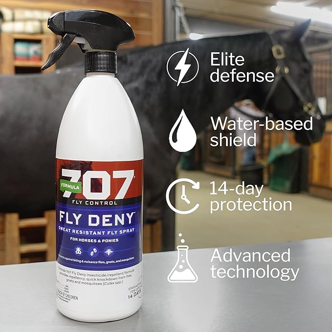 Formula 707 Fly Deny Spray for Horses & Ponies, Sweat-Resistant 14-Day Protection from Flies, Gnats & Mosquitoes, Repels and Kills, 32 Oz-PawvioPets