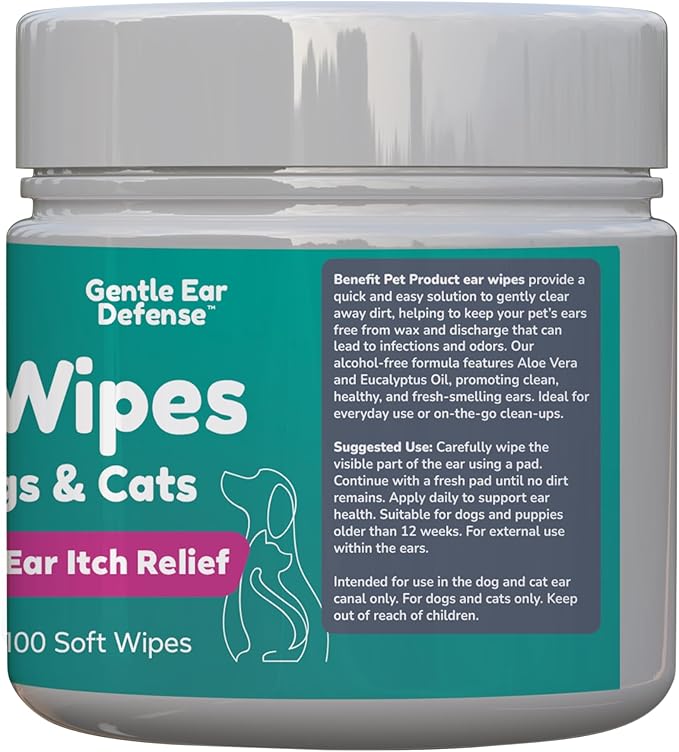 Benefit Pet Products Dog Ear Wipes - Ear Cleaner for Dogs to Prevent Infections, Itching & Odor - Aloe & Eucalyptus, Grooming Wipes - 100 Count-PawvioPets