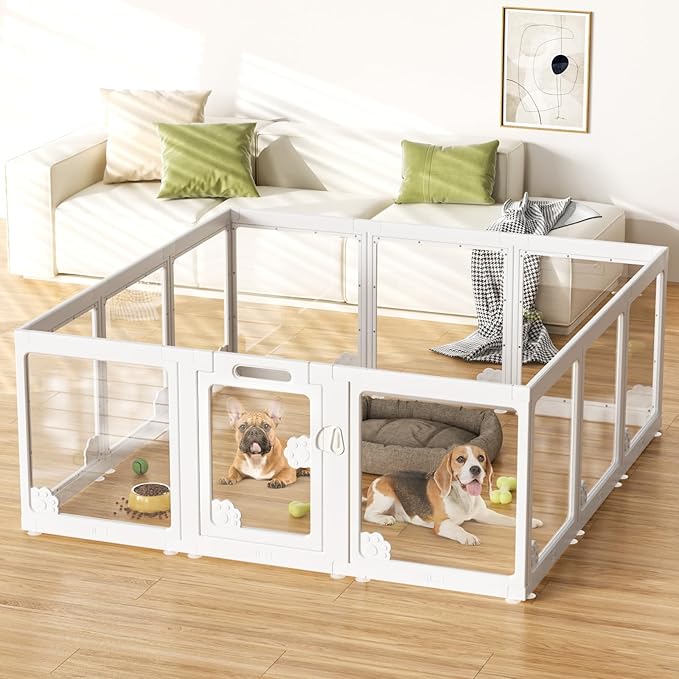 Acrylic Clear Dog Play Pen Indoors, Puppy Playpen with Door for Small Dogs Puppies, Transparent Plastic Pet Playpen Cage Fence Crate Kennel for Cat Kitten Rabbit Bunny Ferret etc (White-12 Panels)-PawvioPets