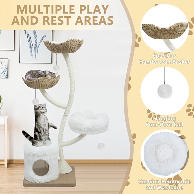 63” Tall Cat Tree Tower for Indoor Cats, Multi-Level Large Cat Climbing Furniture with Scratching Posts, Soft Perch, Cozy Cave, and Hanging Toys, Sturdy Design for Multi-Cat Households-PawvioPets