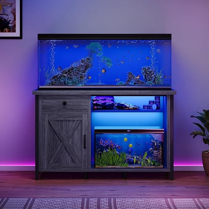 4ever2buy 55 Gallon Fish Tank Stand with LED Light & Power Outlets, 55-75 Gallon Aquarium Stand with Drawer & Barn Door, Cabinet for Fish Tank Accessories Storage for Reptile Tank, Turtle Tank, Gray-PawvioPets