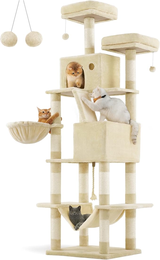 Feandrea Cat Tree, 81.1-Inch Large Cat Tower with 13 Scratching Posts, 2 Perches, 2 Caves, Basket, Hammock, Pompoms, Multi-Level Plush Cat Condo for Indoor Cats, Beige UPCT190M01-PawvioPets