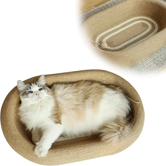 3-in-1 Sisal Scratching Board Bed, for Indoor Cats, Large Oval Cat Scratching Board, Toys for Playing and Nursing Paws (24x15x5 inches) (Large Size, Cat Bed - with Cooling Pad)-PawvioPets