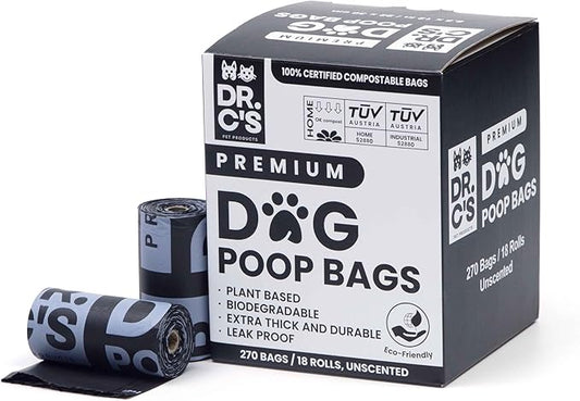 100% Certified Compostable Dog Poop Bags - Dr. C's Premium Dog Poop Bags - 270 Bags / 18 Rolls, Extra thick, Leak Proof, Unscented, Plant Based and Earth Friendly-PawvioPets