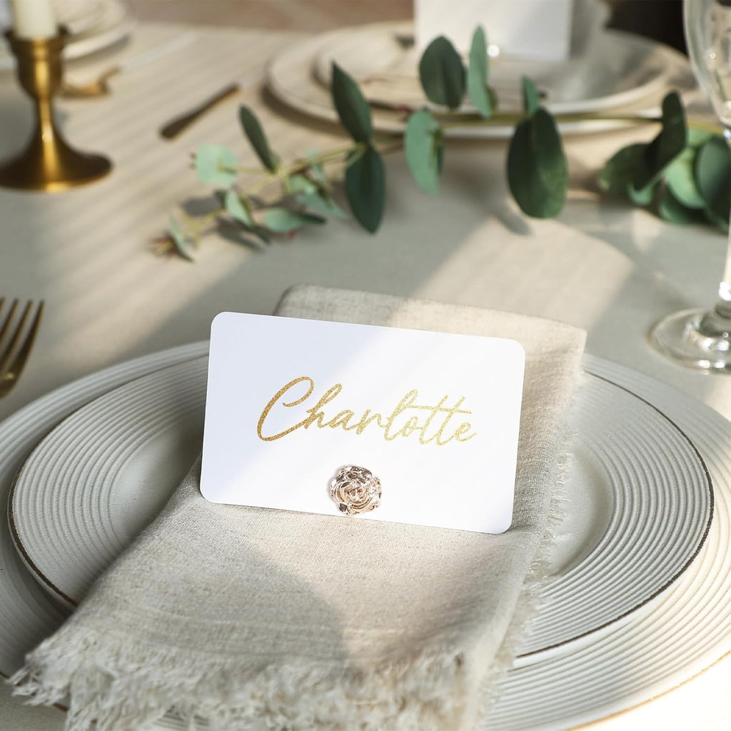 UNIQOOO 12Pcs Decorative Rose Floral Place Card Holders Bulk, Luxury Gold Metal Name Card Stands Set, for Wedding Table Setting, Business Card, Name Tag, Party Food Labels