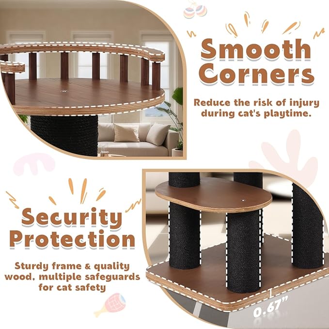 63'' Modern Cat Tree, Black Cat Tower with Scratching Post, Wooden Cat Tree for Indoor Cats Large Adult, Luxury Cat Furniture, Heavy Duty Activity Center with Transparent Bowl and Semi-Closed Condo-PawvioPets