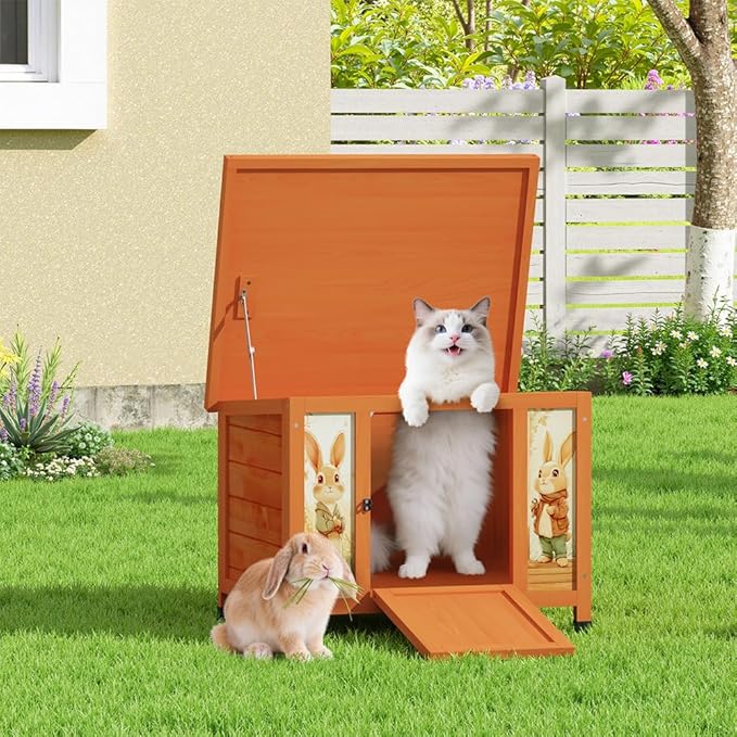 COZIWOW 24in Wooden Cat House Outdoor & Indoor Pet Shelter with Foldable Ramp - Weatherproof Rabbit Hutch with Unique Machine-Printed Art Designs for Cat, Rabbit, Guinea Pig (Orange)-PawvioPets