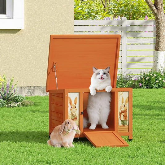 COZIWOW 24in Wooden Cat House Outdoor & Indoor Pet Shelter with Foldable Ramp - Weatherproof Rabbit Hutch with Unique Machine-Printed Art Designs for Cat, Rabbit, Guinea Pig (Orange)-PawvioPets