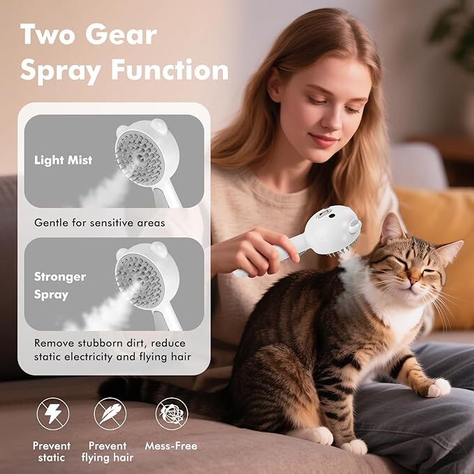 4 in 1 Pet Steam Brush for Cat & Dog, Cat Steam Brush for indoor Cats, Self Cleaning Shedding & Grooming Tool with Waterless Shampoo, Pet Spray Hair Removal Comb with Release Button & Water Tank-PawvioPets