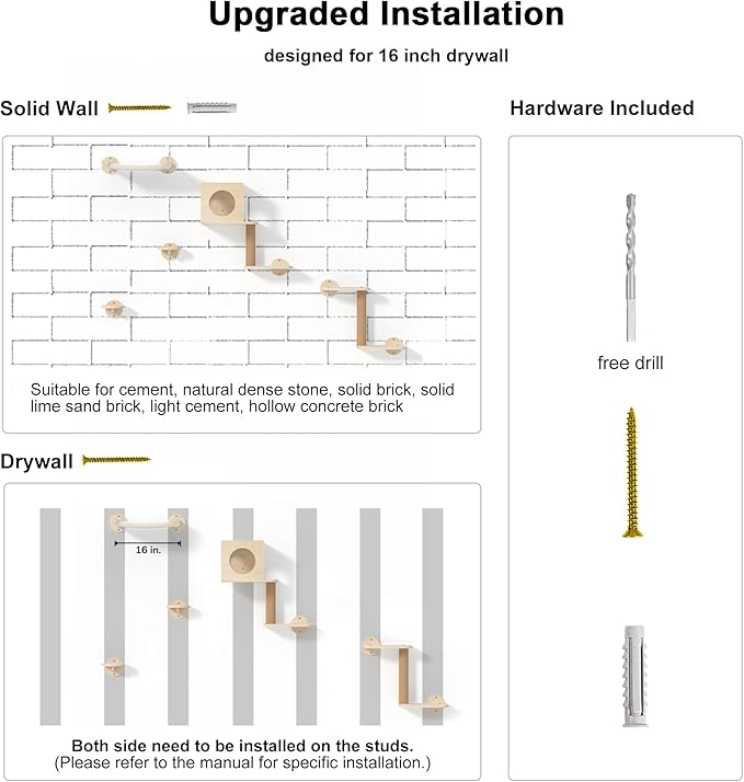 FUKUMARU Cat Wall Shelves, 5-Piece Stable Wooden Wall-Mounted Furniture Set, Kitty Climber with Hammock, House, Steps, Scratching Post (Beige)-PawvioPets