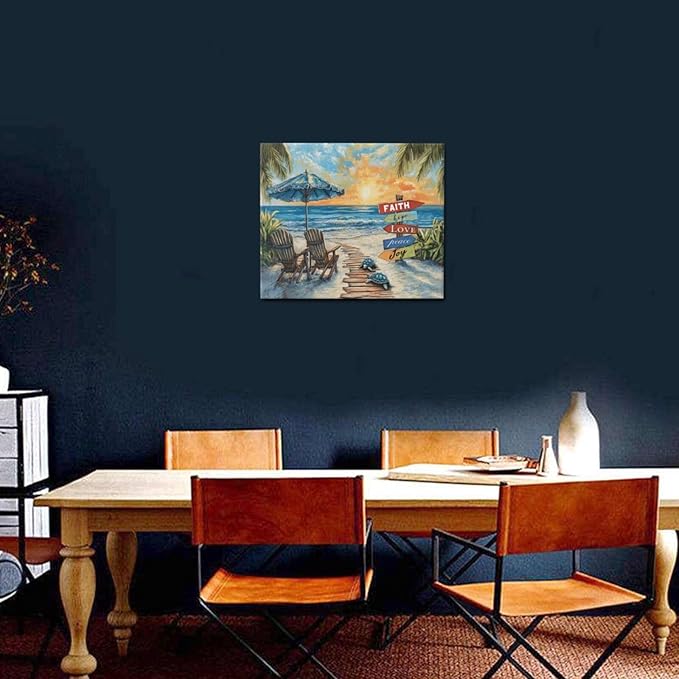 Beach Ocean Bathroom Pictures Wall Art, Seaside Coastal Bathroom Wall Decor, Sunrise Framed Painting Canvas Artwork for Bedroom Living Room Decorations 24"L x 20"W-PawvioPets