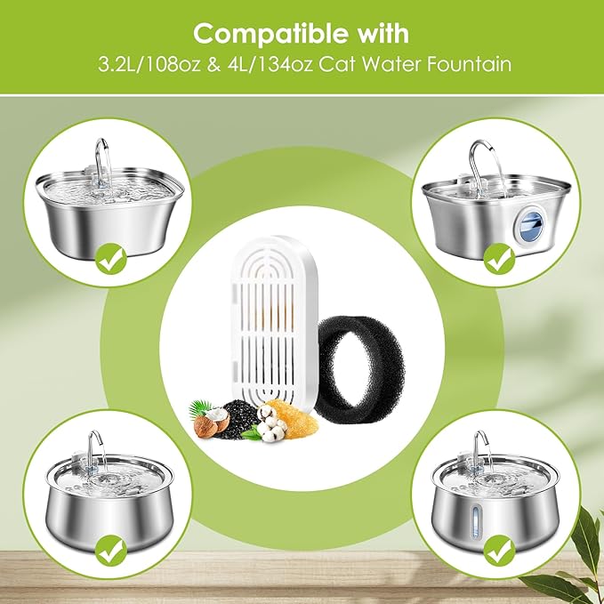 6 Pack Replacement Cat Fountain Filters & Replacement Sponges for Stainless Steel Pet Fountain with Water Level Window, Fountain Carbon Filters for Dog Water Dispenser Bowl-PawvioPets