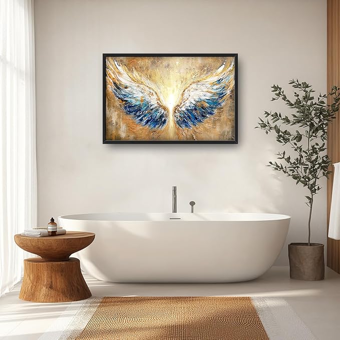 Extra Large Angel Wings Framed Wall Art for Living Room,Oversized Golden Wings Pictures Wall Decor,Holy Gold Blue Canvas Print Painting Modern Artwork Bedroom Office Bathroom 36L" x 24W"-PawvioPets