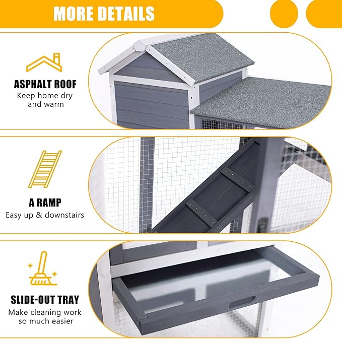 GEGURI Large Rabbit Hutch Indoor Outdoor Chicken Coop Wooden Bunny Cage with Waterproof Roof (48''L x 24''W x 36''H Grey)-PawvioPets