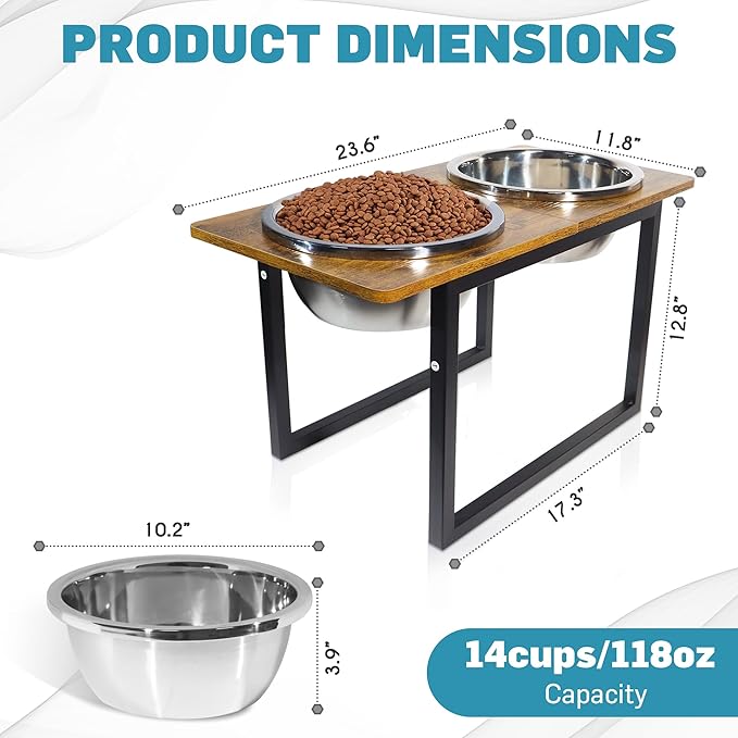Elevated Dog Bowls for Large & Extra Large Breed Dogs - Raised Dog Feeding Station with Two Stainless Steel Bowls - Helps to Reduce Strain on Dog’s Neck & Joints - 3500 ML Capacity-PawvioPets