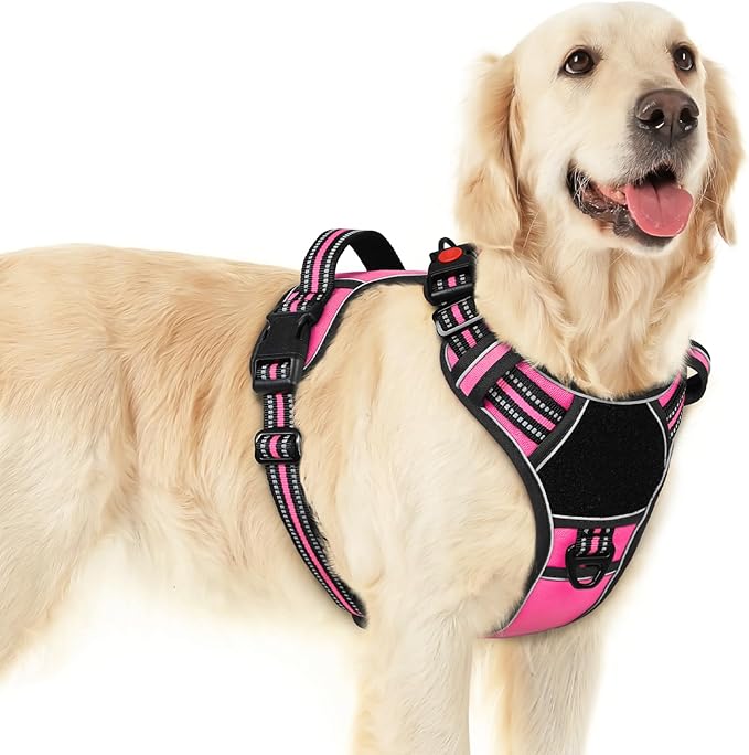 Eagloo Dog Harness for Large Dogs, Easy Wearing with 3 Buckles, Adjustable No Pull Pet Harness with 2 Rings for Walking, No Chock Reflective Soft Padded Vest with Control Handle, Pink & Black, L-PawvioPets