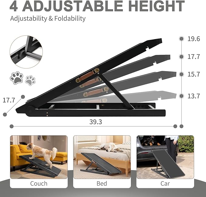 ABORON Dog Ramp,Adjustable Folding Pet Ramp for Bed,Couch,SUV - High Traction Portable Rubber Paw Ramps,Great for Small & Large Old Dogs & Cats, Supports up to 200 lbs,39.3''Long-PawvioPets