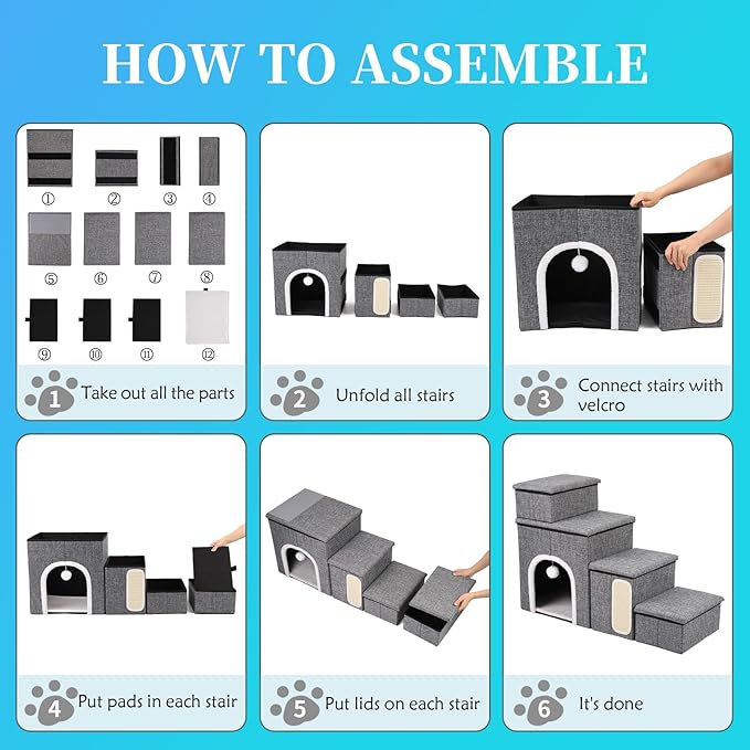 Dog Stairs for Bed and Couch 23“H, Foldable Dog Stairs for Small Older Dogs, 4 in 1 Adjustable Pet Cat Steps Ramps with Storage, Condo, Cat Scratcher, Hold Up to 180LBS, 4 Steps-PawvioPets