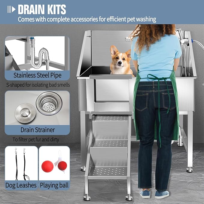38" Pet Dog Bathing Station W/Ramp, Professional Stainless Steel Dog Grooming Tub W/Floor Grate, Faucet, Dog Bathtub for Large,Medium, Small Pets, Washing Sink for Home,L-RAMP-PawvioPets