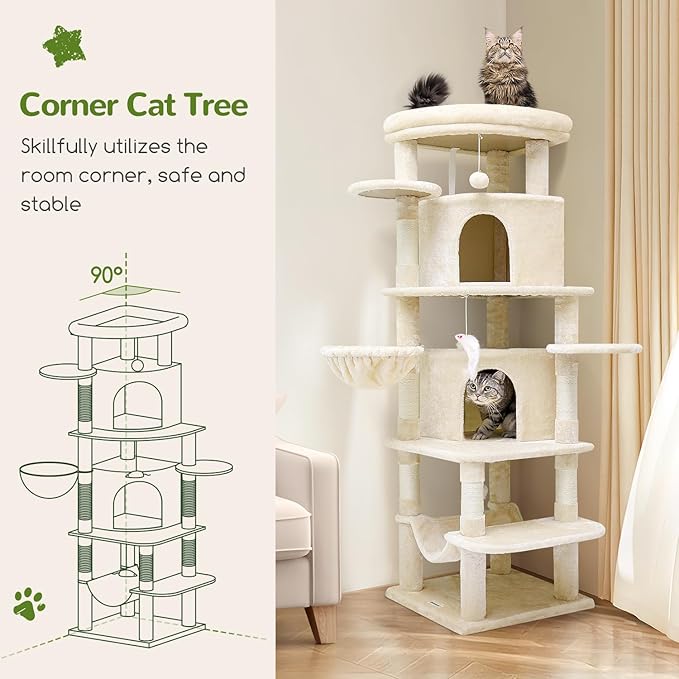 Globlazer Corner Cat Tree for Large Cats, 66inch Tall Curved Series Large Cat Tower for Multiple Indoor Cats with 6 Scratching Posts, 2 Spacious Cat Condos, Hammock, Hanging Basket, C66, Beige-PawvioPets