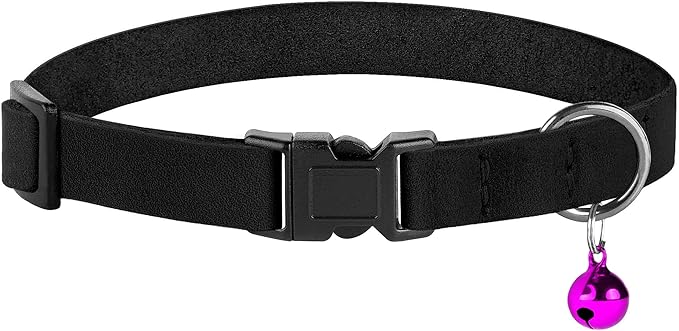 Breakaway Cat Collar Leather with Removable Bell - 13 Colors Available - Soft Adjustable Girl Boy Safety Lightweight Pet Kitten Collars Pink Brown Blue Green Red Orange Black (Black)-PawvioPets