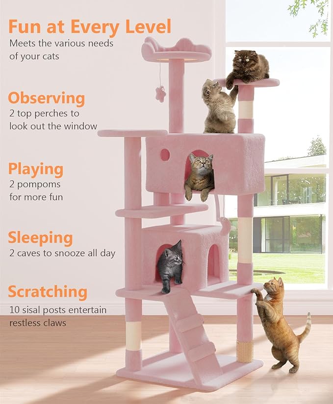 60'' Cat Tree Tower for Indoor Cats Large Adult,Cute/Tall Modern Cat Tree for Big Cats 20 lbs, Plush Multi-Level Cat Condo with Scratching Posts,Dangling for Fun Play (Soft Pink, 60 inch)-PawvioPets