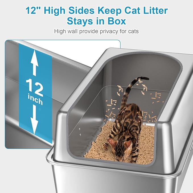12'' High Sides XL All Stainless Steel Cat Litter Box with Lid,Deep Metal Litter Box for Big Cats,Extra Large Litter Boxes with High Wall Enclosure,Anti-Leakage,Never Absorbs Odors,Non-Sticky Surface-PawvioPets