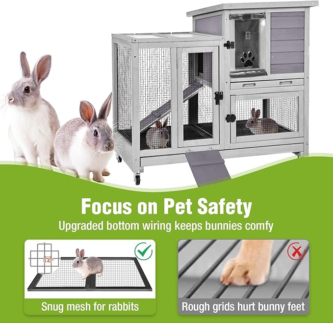 2-Story Rabbit Hutch Indoor Bunny Cage Outdoor Guinea Pig House with Wire Mesh Floor, Leak-Proof Trays, Lockable Wheels for Rabbits, Guinea Pigs, 40.6" L x 26" W x 37.6" H-PawvioPets