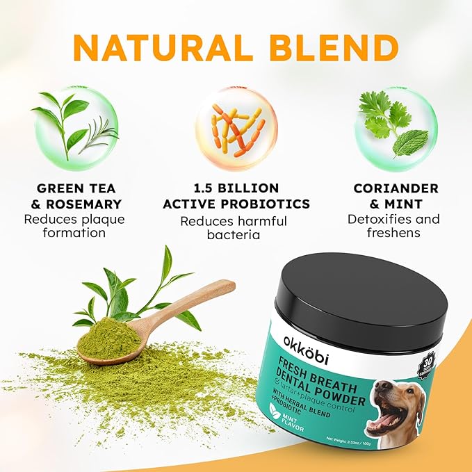 Dog Teeth Cleaning Powder - Dog Breath Freshener + Dental Care for Doggies & Cats + Tartar Remover for Teeth with Natural Ingredients + Probiotics Blend (Mint - 100g)-PawvioPets