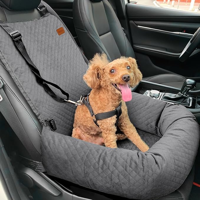 Dog Car Seat for Small Medium Dogs Up to 40lbs, Detachable Washable Soft Pet Booster Travel Bed for Front & Gray Seat with Safety Leash Belt-PawvioPets