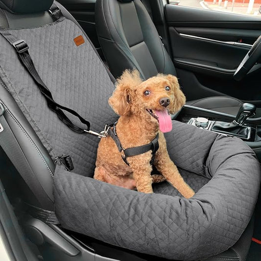 Dog Car Seat for Small Medium Dogs Up to 40lbs, Detachable Washable Soft Pet Booster Travel Bed for Front & Gray Seat with Safety Leash Belt-PawvioPets