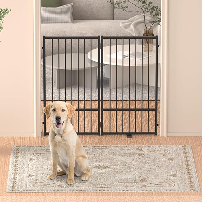 Full Metal Freestanding Dog Gate with Door, 36''Height Foldable Pet Dog Fence for Indoor & Outdoor, 2 Panels Extra Wide Free Standing TallDog Gates for Doorways,House,Stairs,Porch,Deck,Yard-PawvioPets