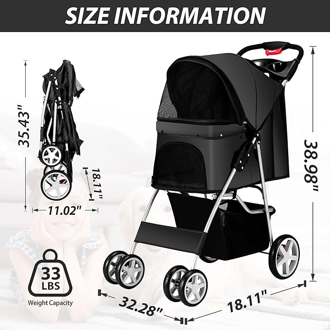 4 Wheels Pet Stroller for Small Medium Dogs Cats 10-33 lbs, Foldable Dog and Cat Stroller with Cup Holder & Storage Basket & Breathable Mesh, Pet Strolling Cart for All-Season, Black-PawvioPets